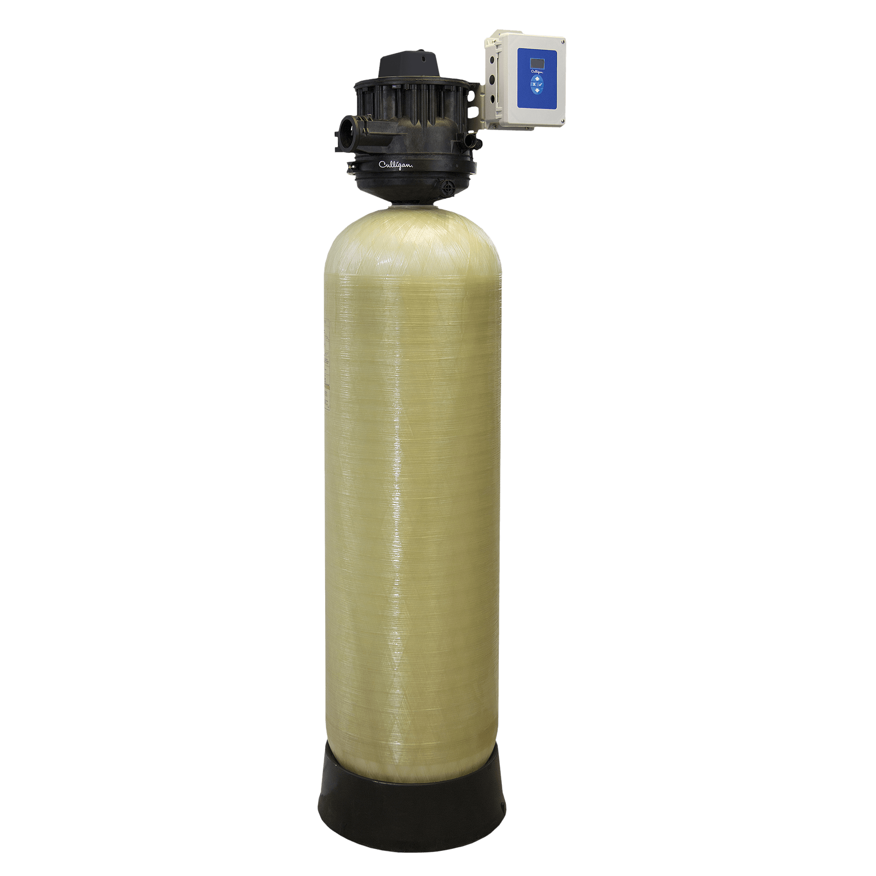 Un filtro de agua está colocado encima de una superficie blanca.