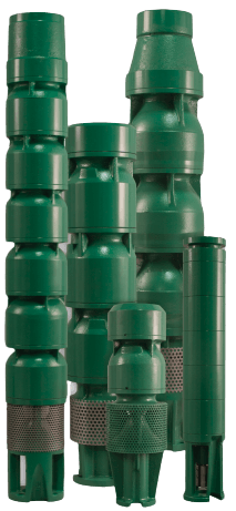Un grupo de bombas de agua verdes están apiladas una encima de otra sobre un fondo blanco.