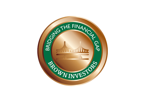 Logo: Brown Investors, bronze coin design with bridge graphic, green and gold text. 