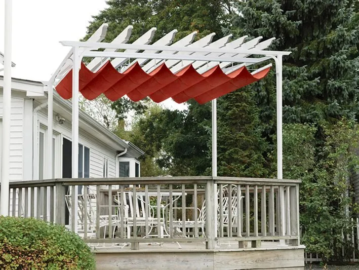 A deck with a red awning over it