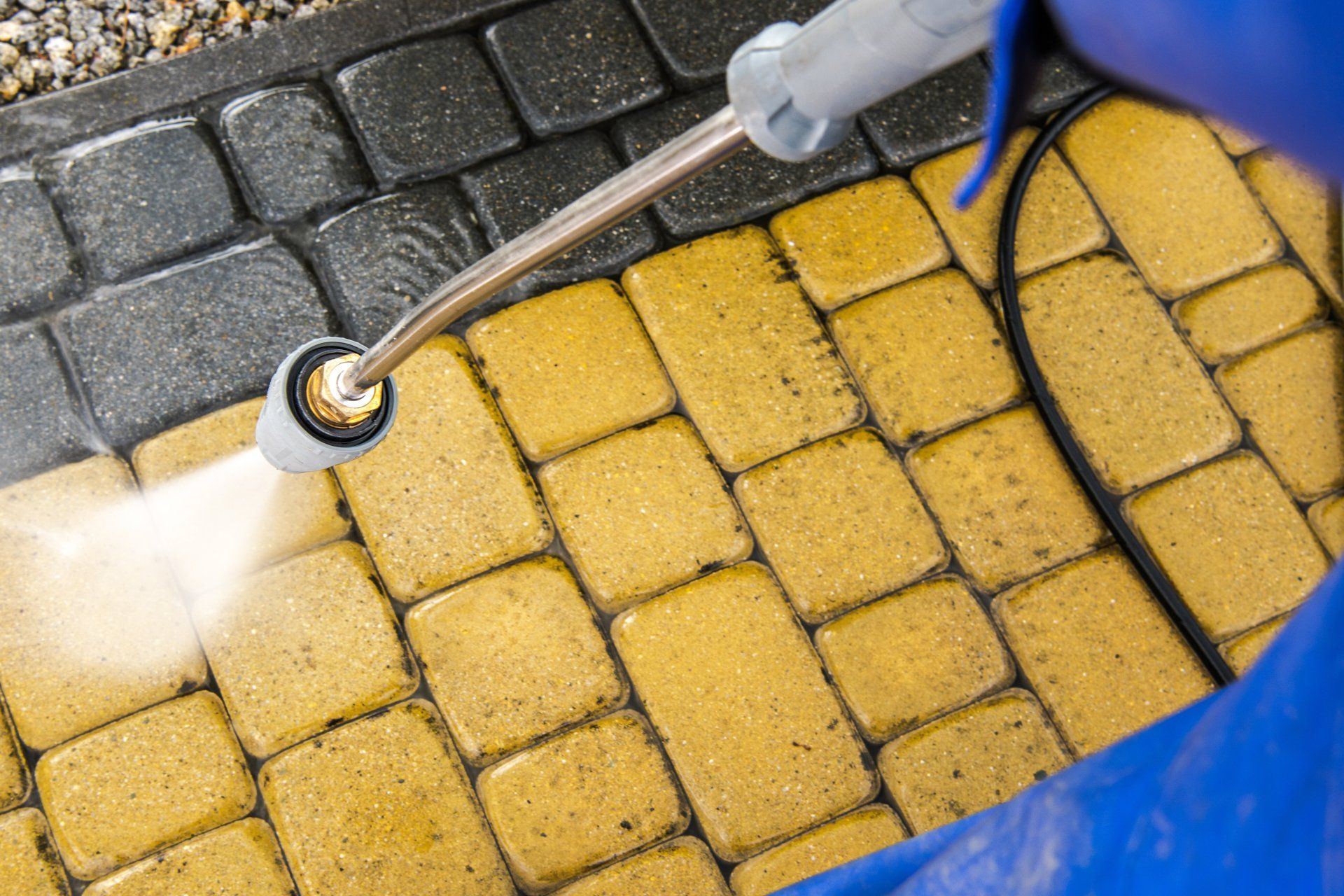 Garden Brick Path Power Washing Using Pressure Washer. Home and Garden Equipment.