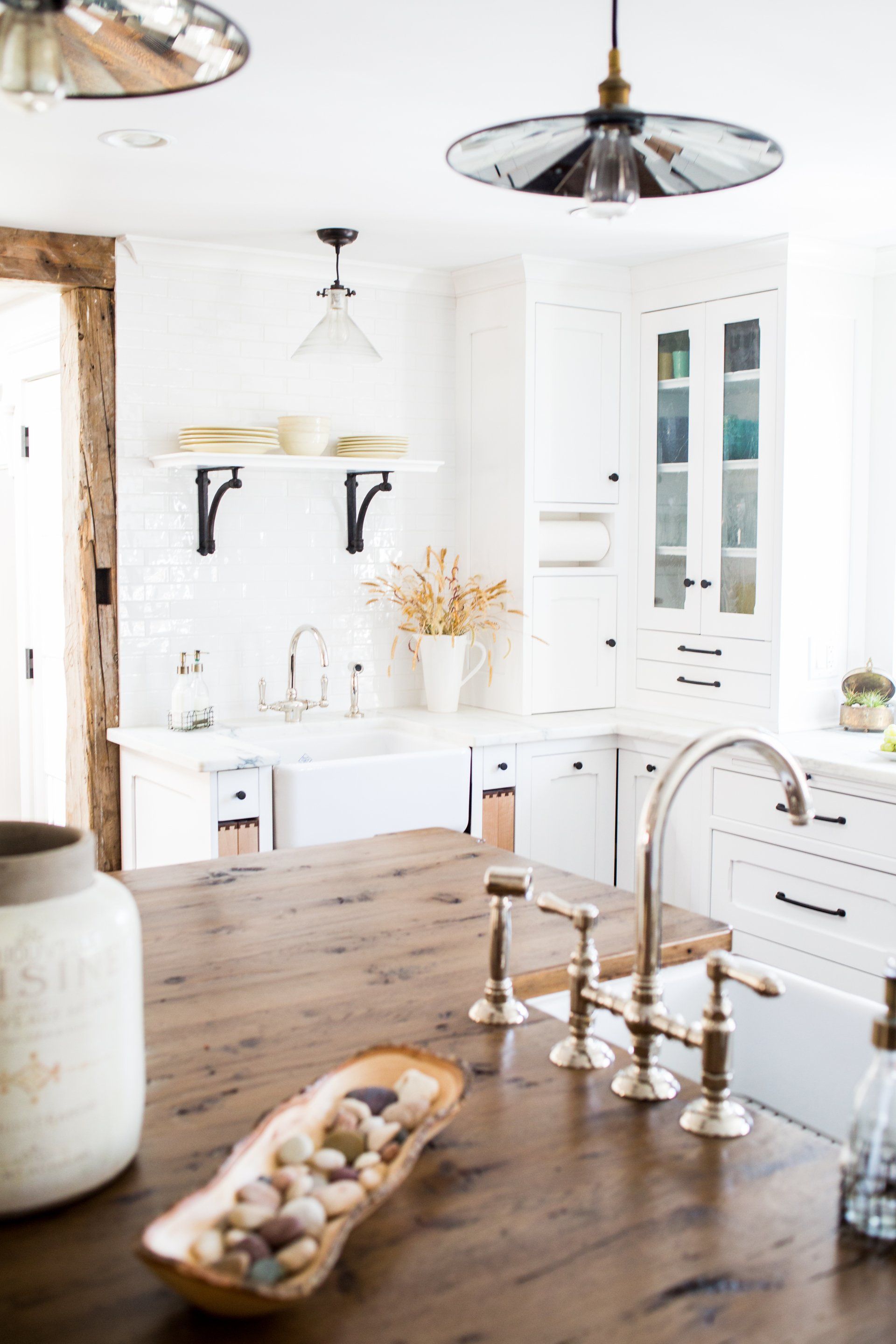 Transitional Rustic Farmhouse | Kitchen with butcher block counter | Millpond Kitchens | New Canaan, Connecticut