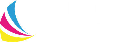 Ein buntes Segelboot-Logo auf weißem Hintergrund.