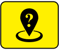 A yellow sign with a black pin with a question mark on it.