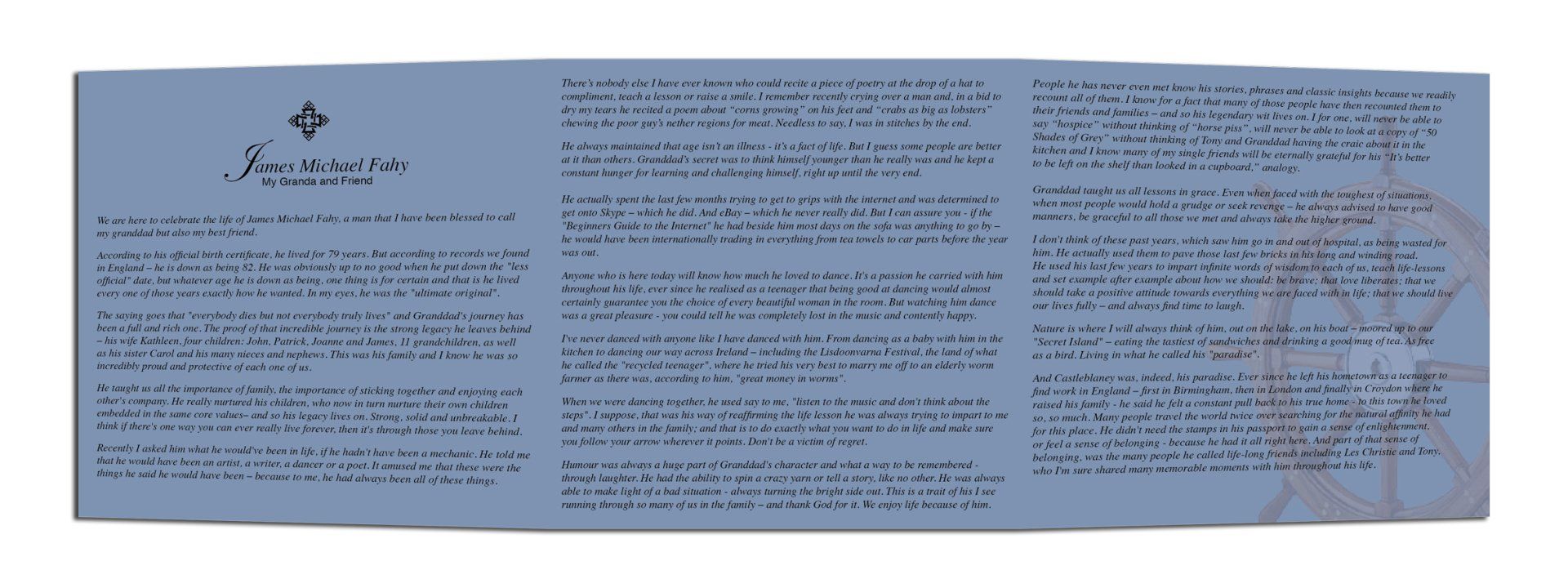 Blue inside of a Eulogy Card