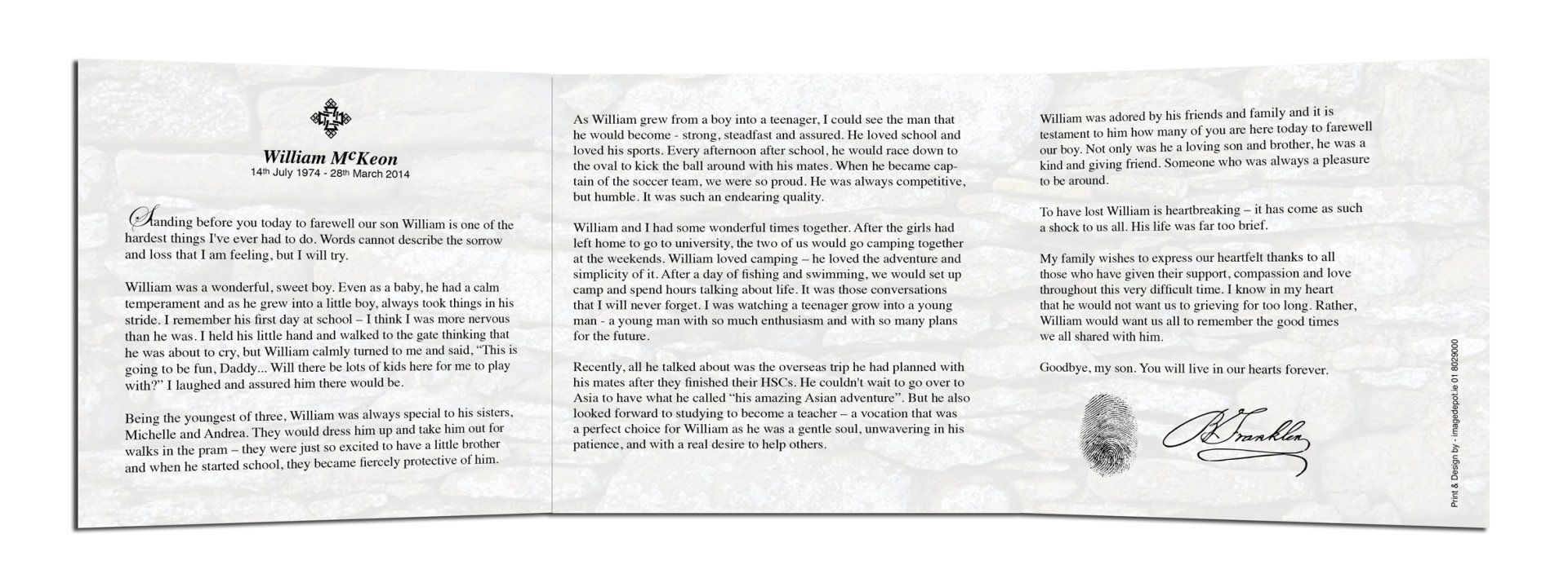 White inside of a Eulogy Card