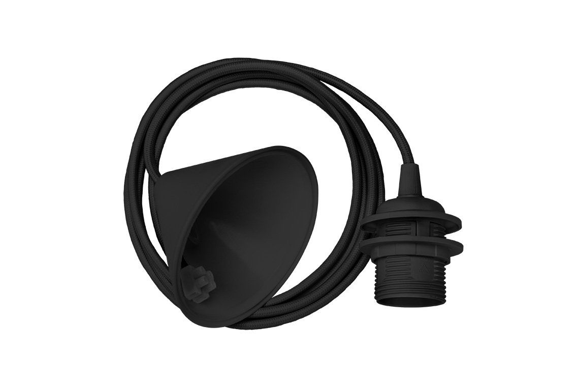 A black cord with a light bulb attached to it on a white background.