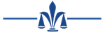 A dark blue logo featuring a stylized fleur-de-lis combined with balancing scales, centered between two horizontal lines.