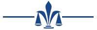 A dark blue logo featuring a stylized fleur-de-lis combined with balancing scales, centered between two horizontal lines.