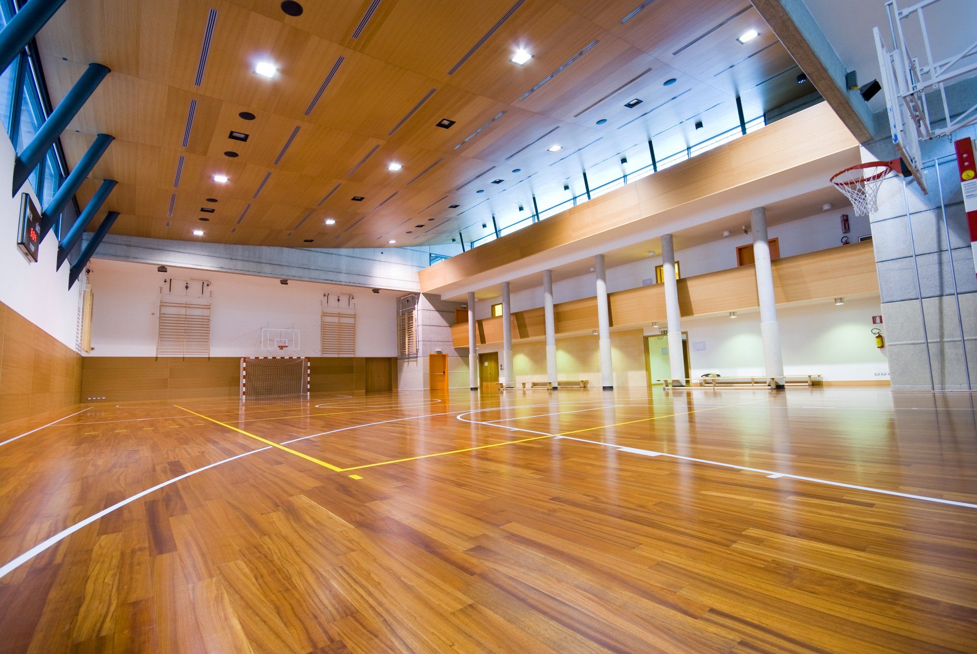 A perspective view of basketball indoor sport court