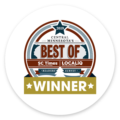 A sticker that says best of central minnesota 's sc times localiq winner.
