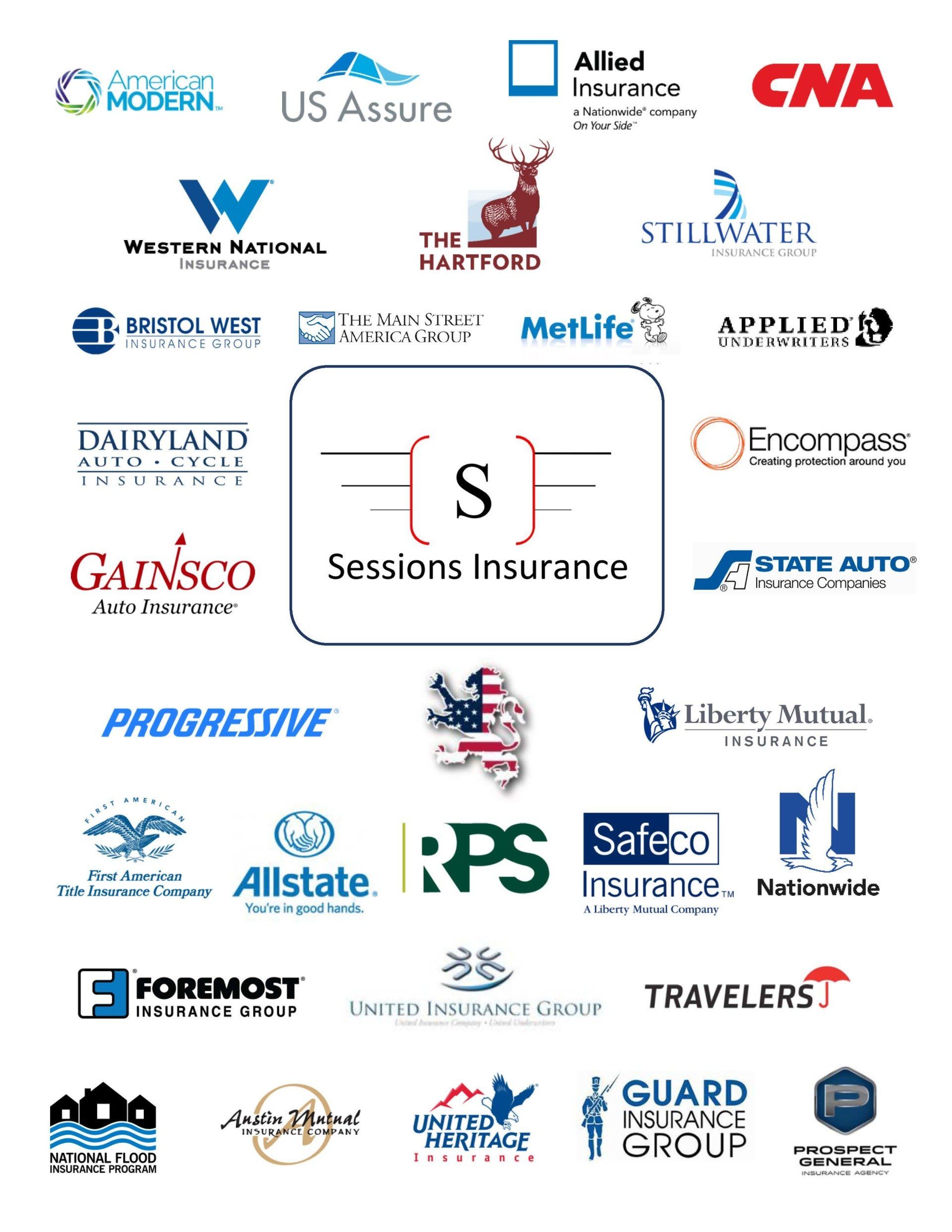 Sessions Insurance logo and logos of insurance companies they work with