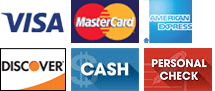 VISA, MasterCard, American Express, Discover, cash, and personal check payment icons