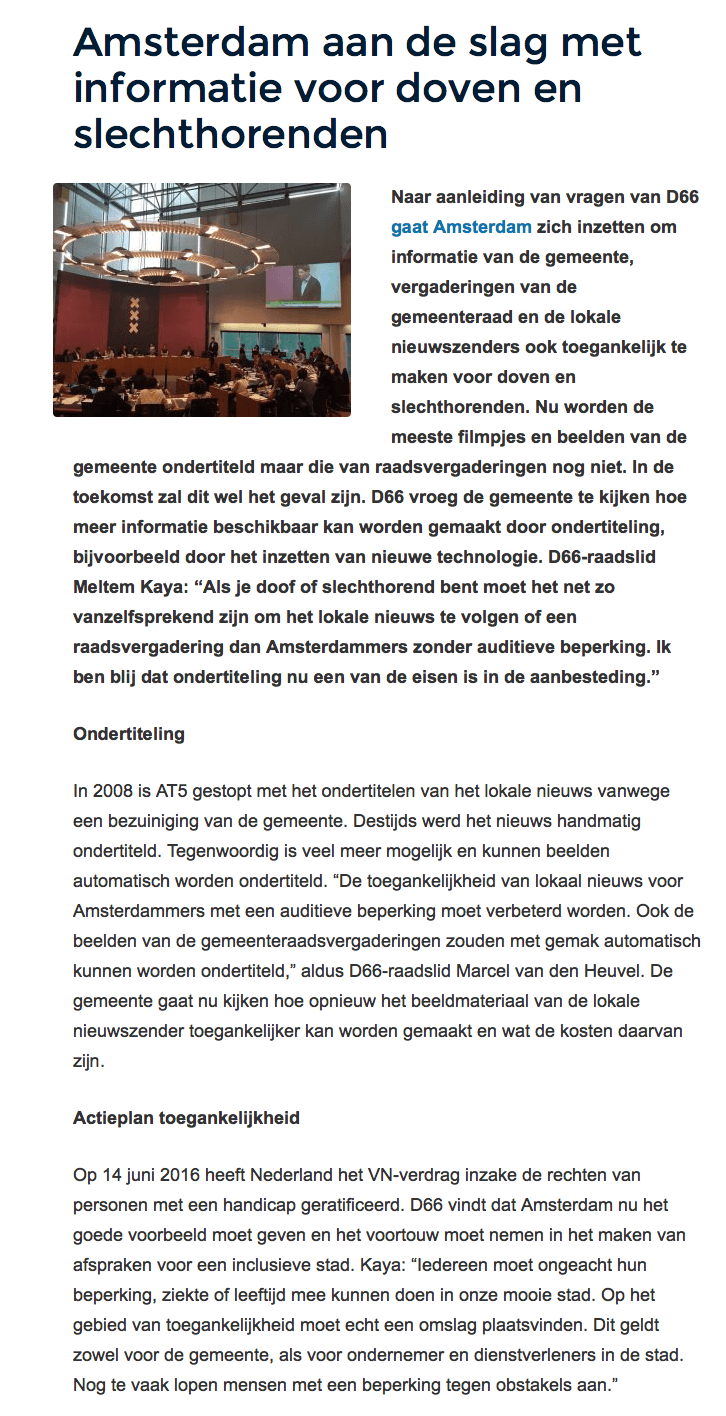 Krantenartikel : Amsterdam aan de slag met informatie voor doven en slechthorenden met Marcel van den Heuvel D66 Amsterdam Gemeenteraad Marcel van den Heuvel