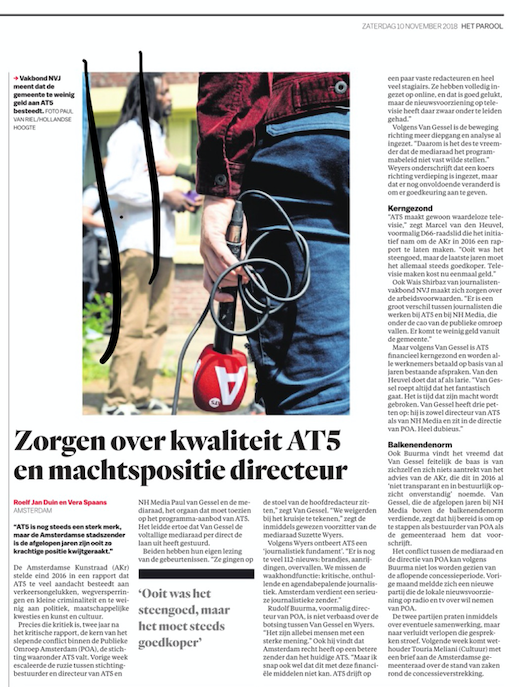 Het Parool 10 november 2018 over AT5
