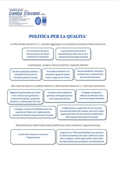 testo con descrizioni delle politiche di qualità attuate dall'azienda