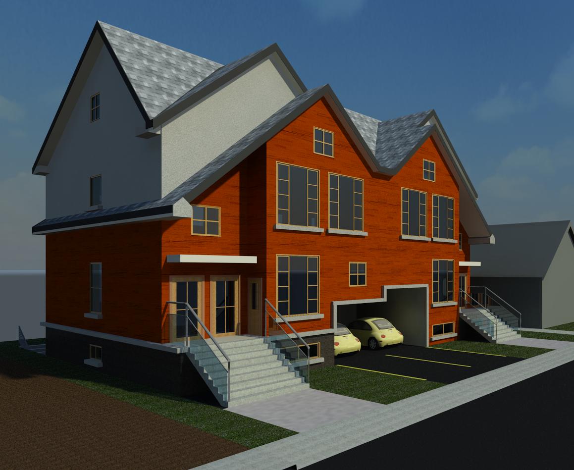A digital rendering of a two-story duplex with red brick siding, grey roofs, front staircases, and a parking garage.
