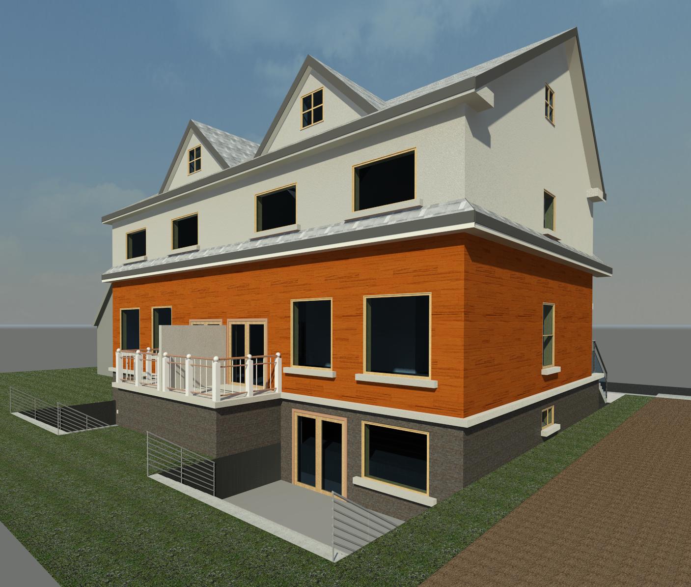 A 3D digital rendering of a three-story house with a white top floor, orange brick mid-section, and grey basement level.