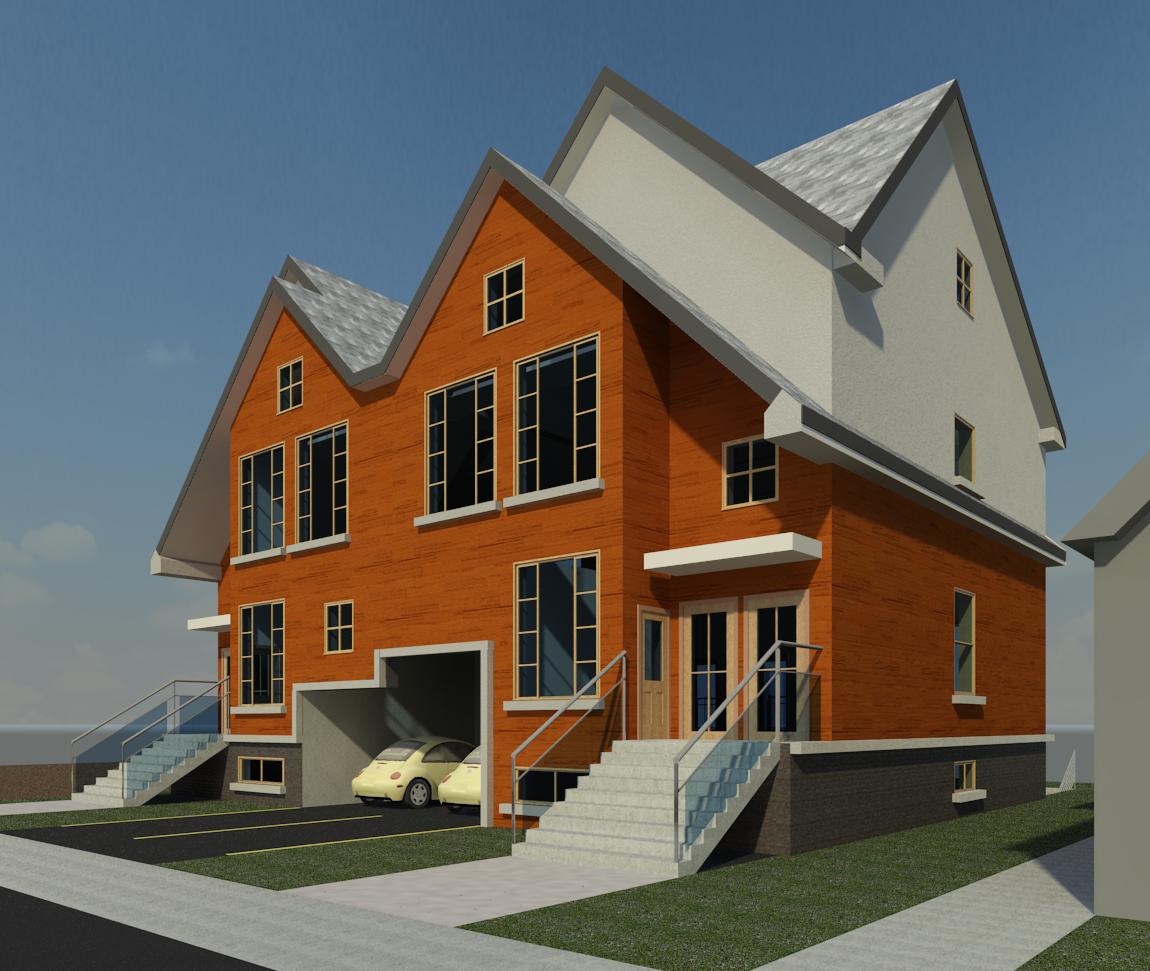 A two-story brick duplex with white gables, stairs to separate entrances, and a ground-level garage holding two cars.