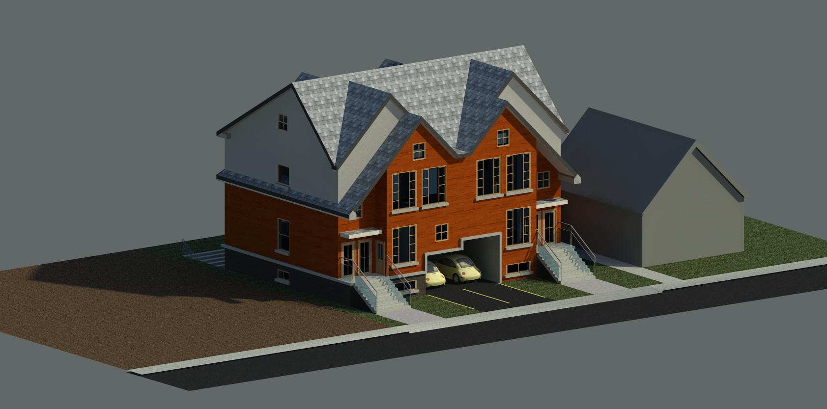 A digital 3D model of a two-story brick townhouse with a shared driveway and a separate garage on a grassy lot.