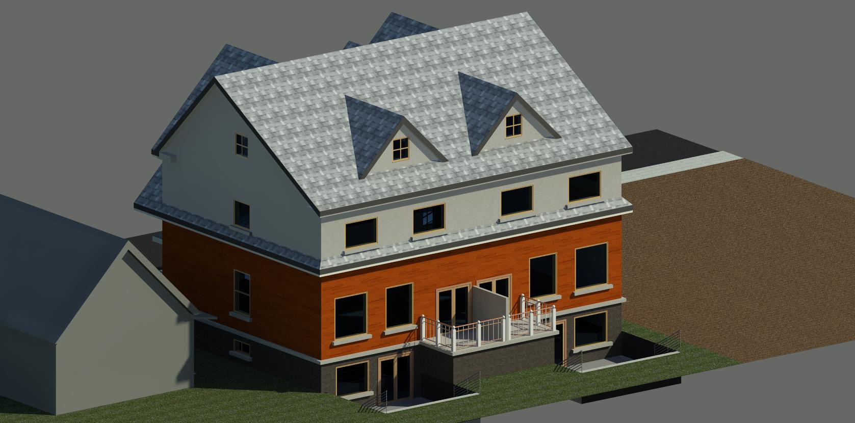 A 3D architectural rendering of a multi-story house with an orange exterior, grey roof, and a small backyard deck.