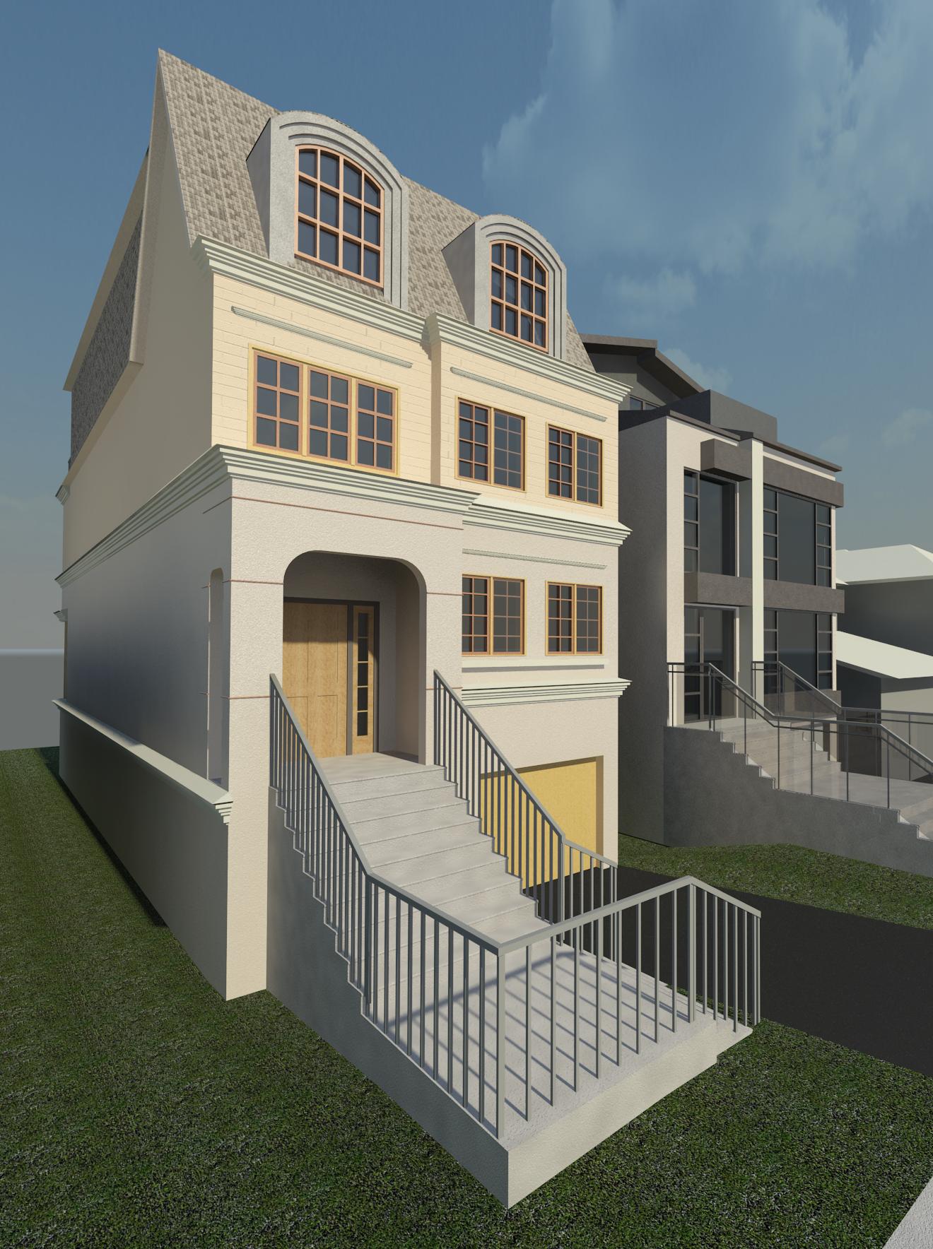 A 3D render of a narrow, three-story beige townhouse with a steep staircase leading to the front door and a garage below.