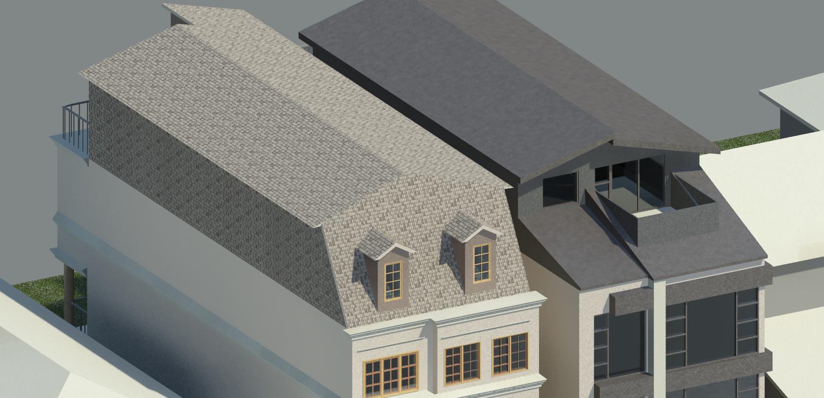 Two adjacent urban buildings shown from an elevated perspective, featuring a beige mansard-roof building and a dark roof.