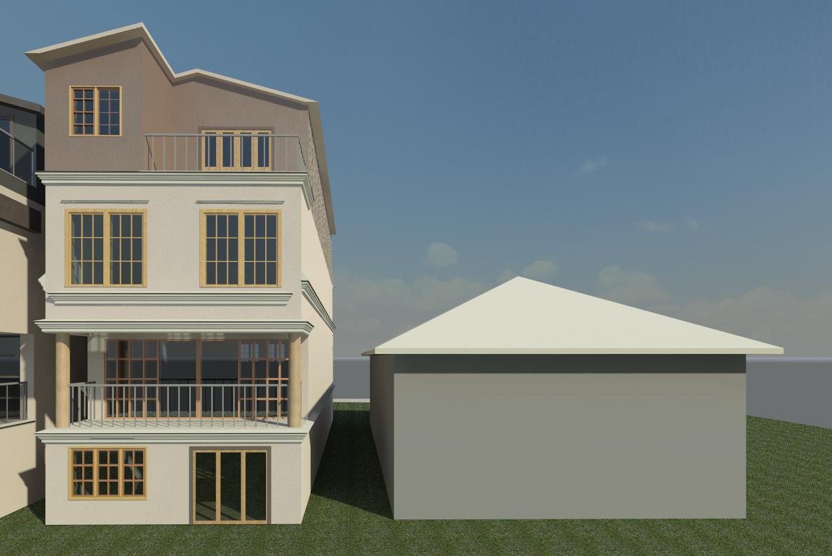 3D rendering of a three-story beige townhouse next to a detached garage with a white roof on a grassy lawn.