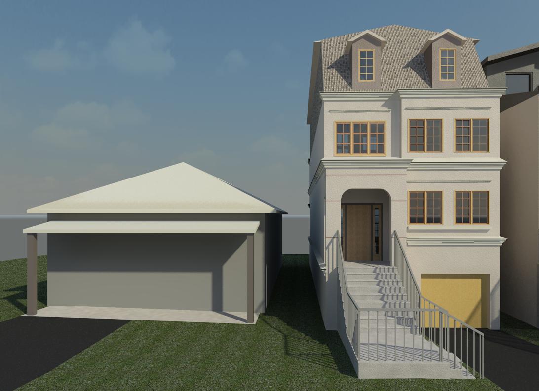 A digital rendering of a two-story cream house with a front staircase, next to a detached, single-story gray garage.