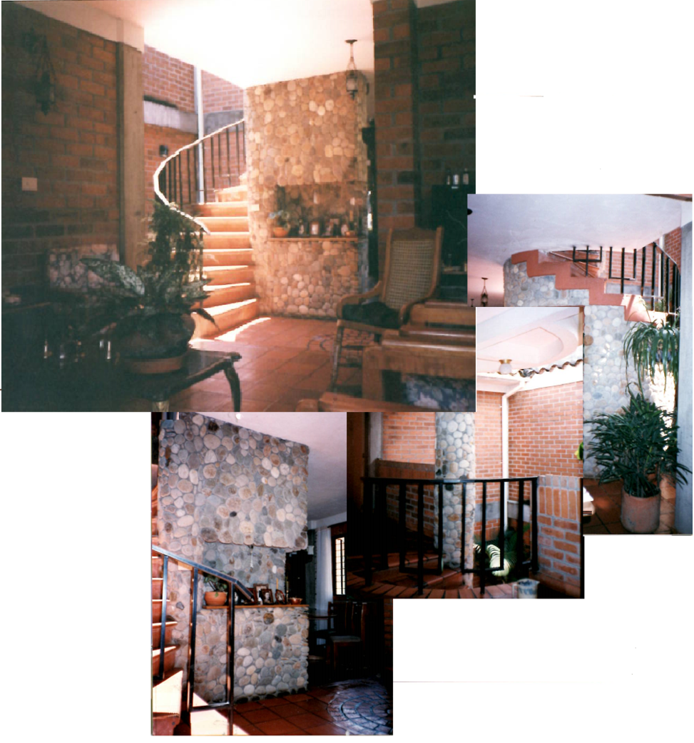 A collage showing various angles of a rustic interior featuring brick walls, stone columns, and a spiral staircase.