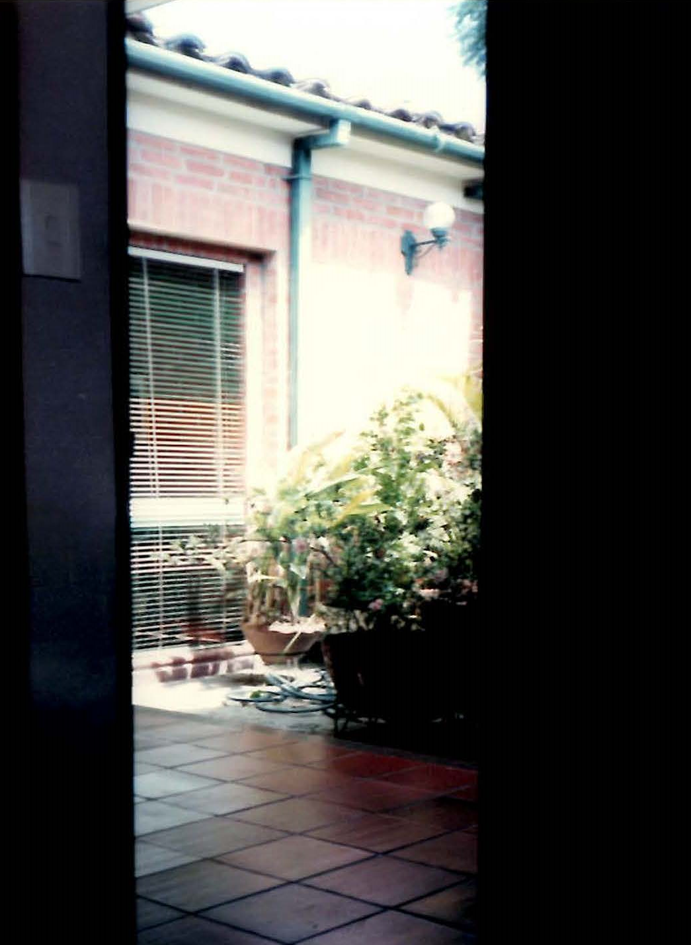 View from a dark doorway onto a sunlit patio with brick flooring, a glass door, potted plants, and a light fixture.