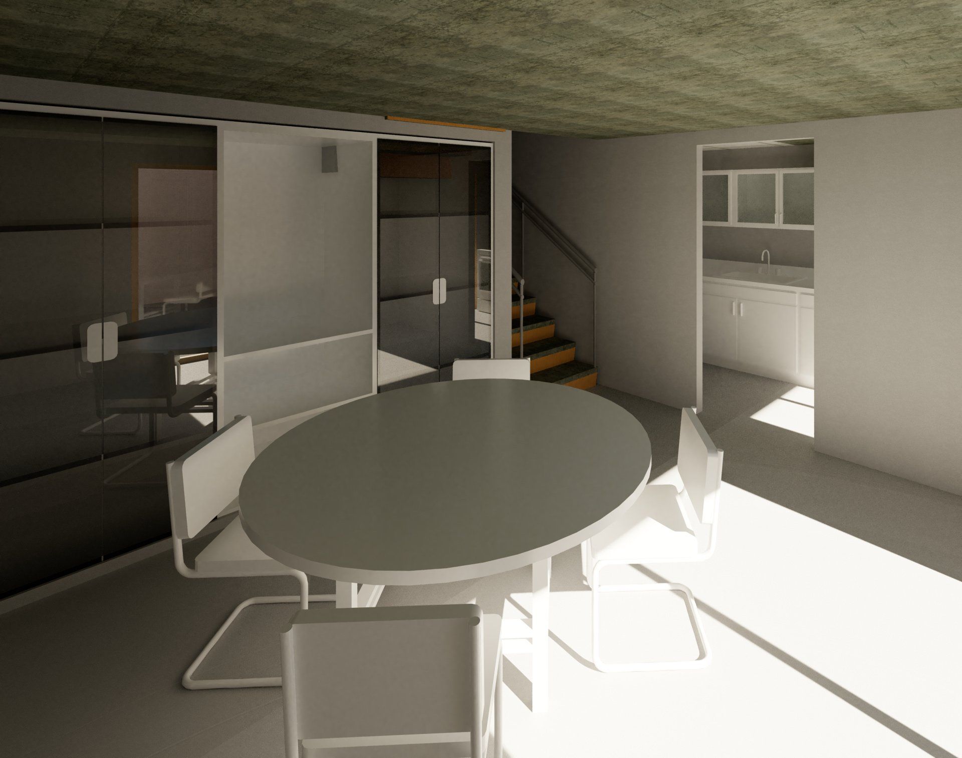 A modern, minimalist dining room with an oval table, white chairs, dark glass wall panels, stairs, and a kitchen area.