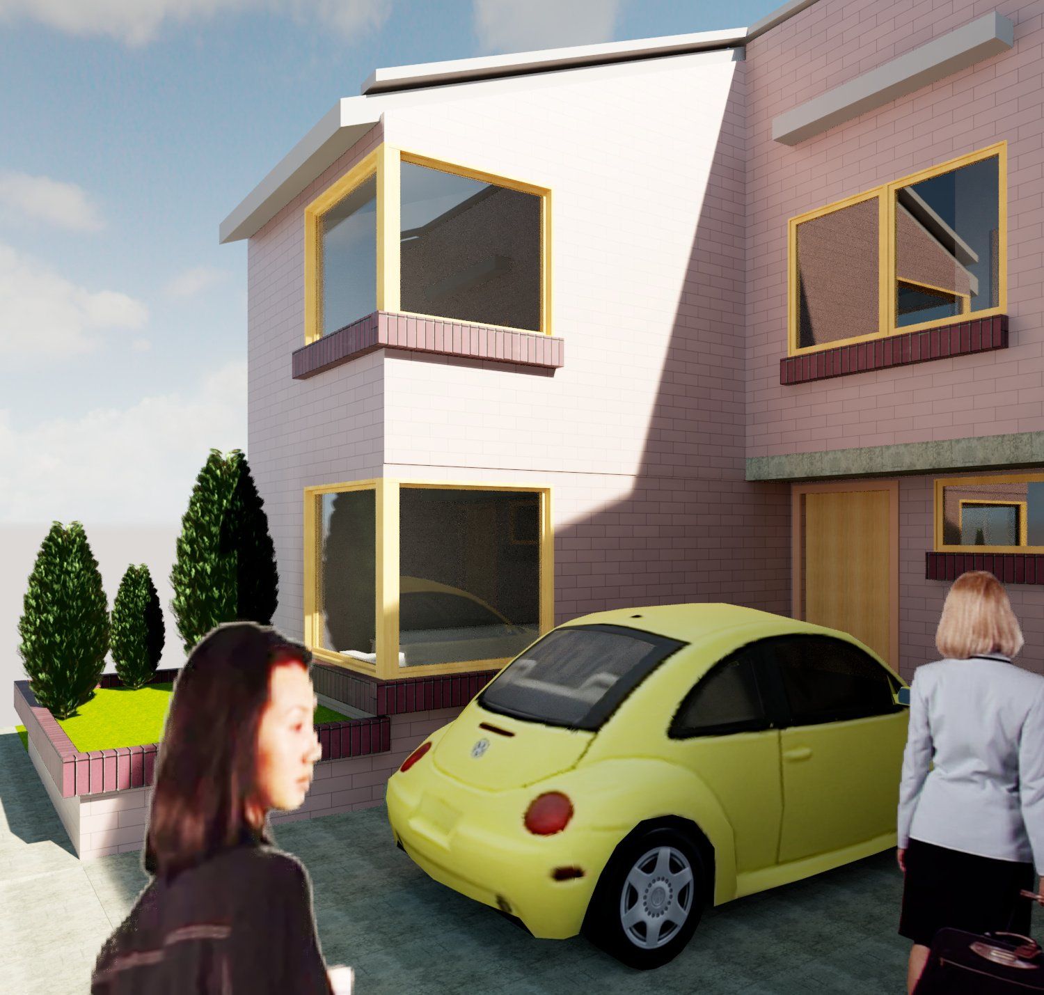 Two people stand in the driveway of a two-story light-pink house near a yellow compact car and a small front garden.