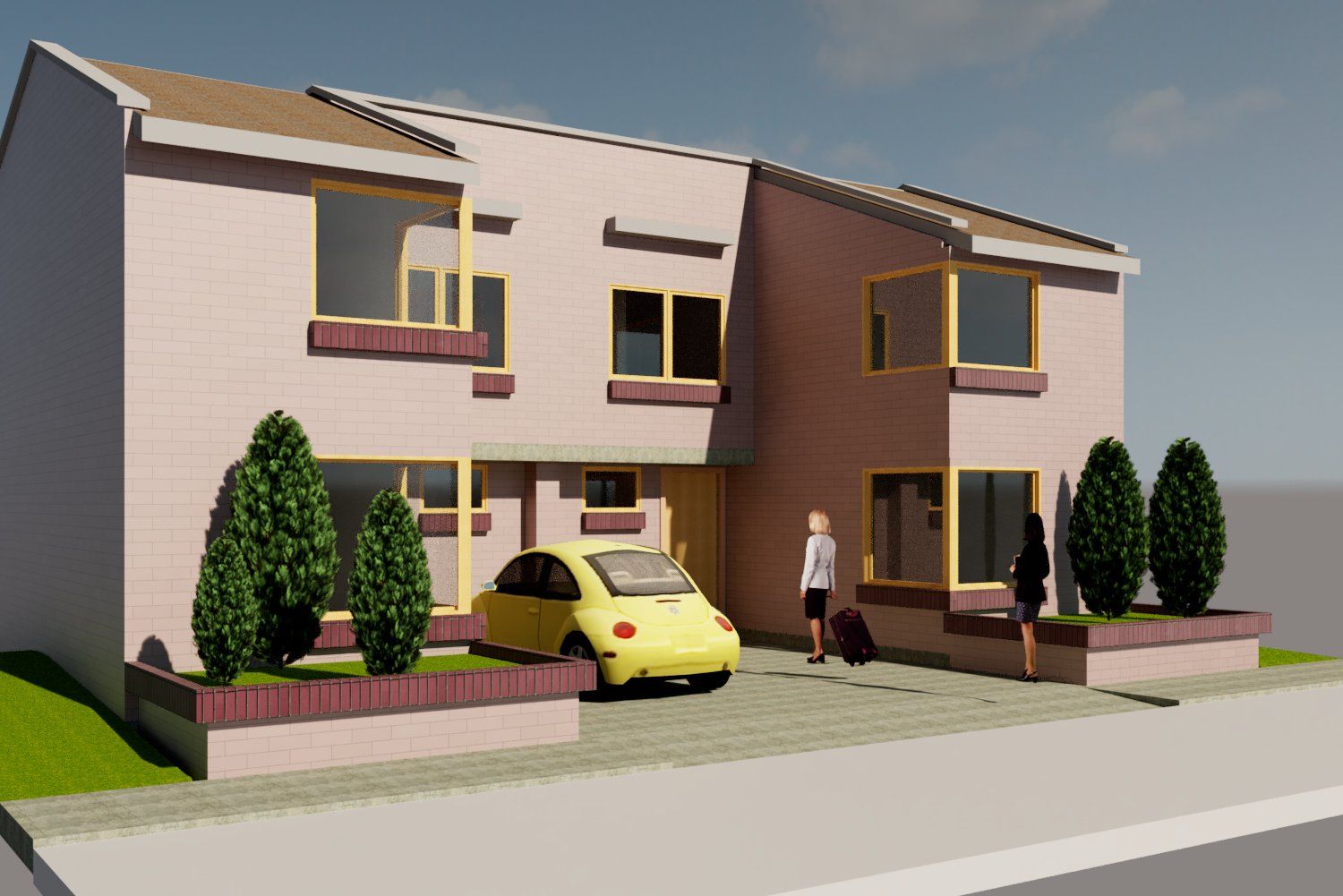 A 3D architectural rendering of a light-pink, two-story house with a yellow car parked in the driveway.
