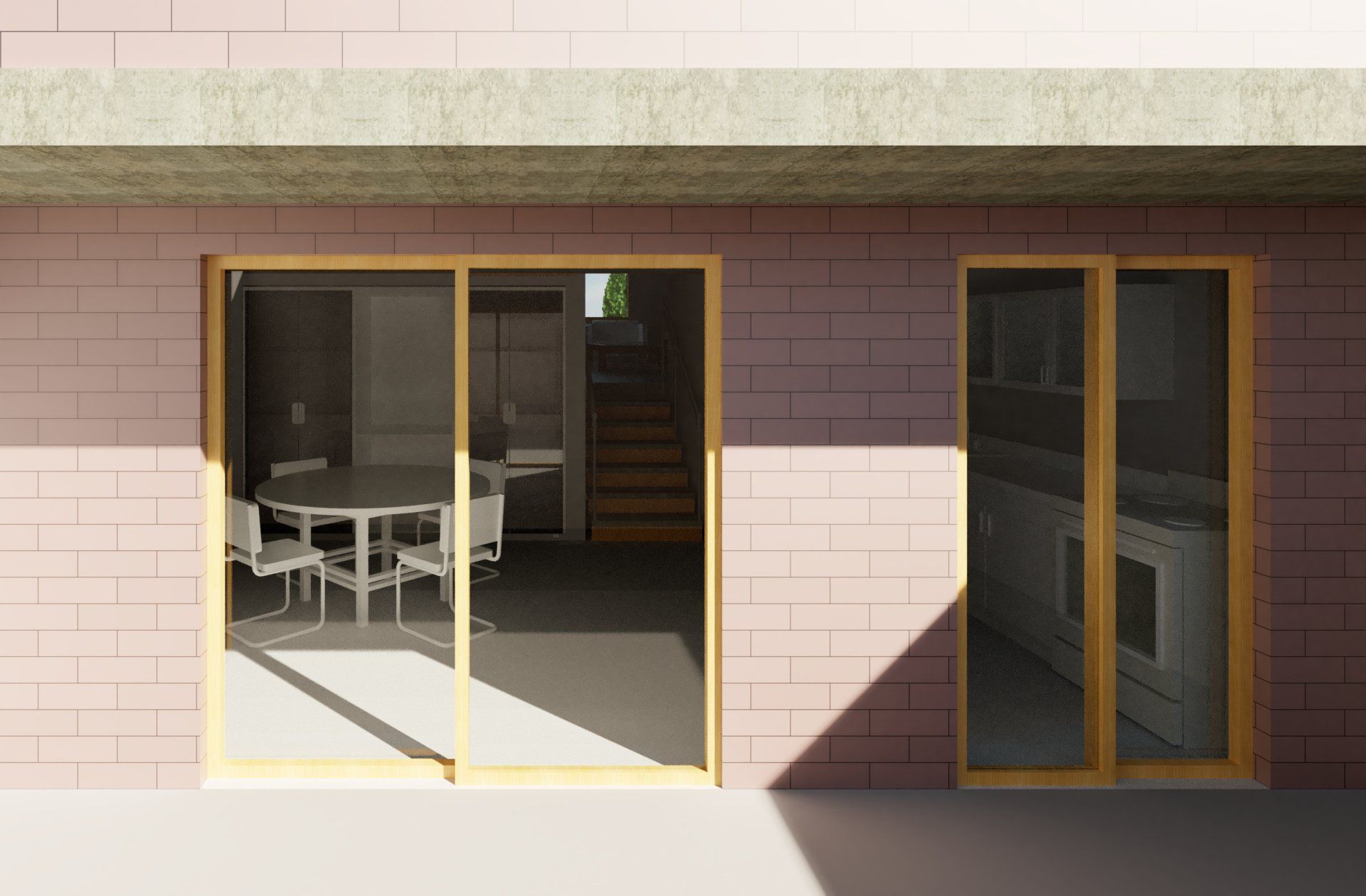 Exterior view of a pink brick building with two sliding glass doors, revealing a dining area and kitchen inside.
