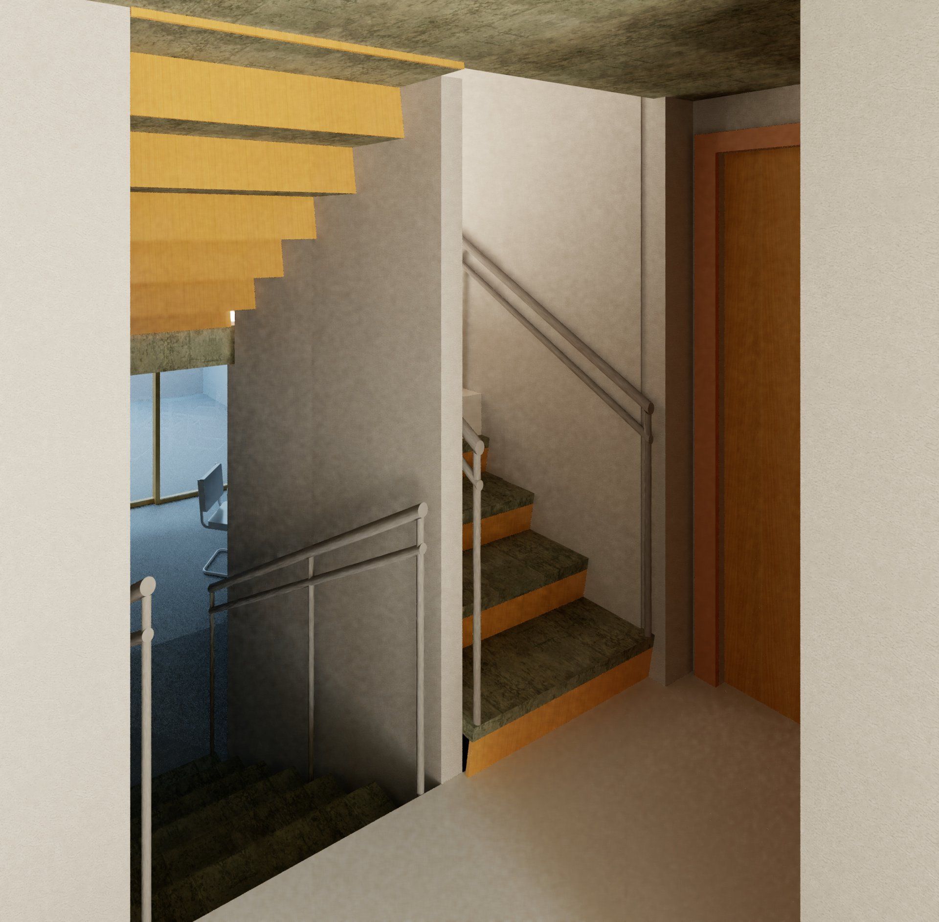 A view from a hallway looking down a short staircase and up another set of stairs, both with metal handrails.