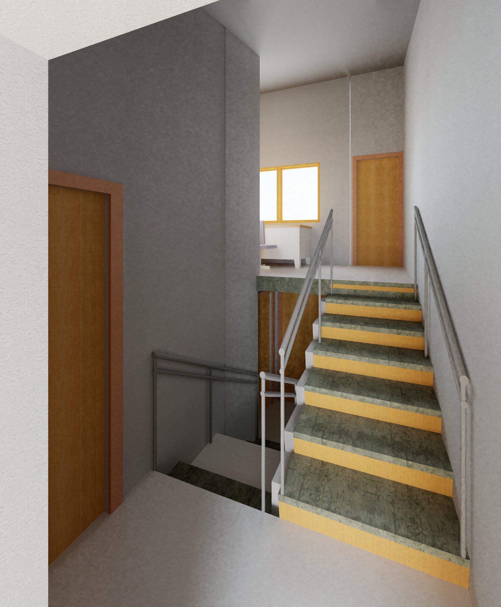 A staircase with grey steps and yellow edges, featuring metal railings, leading to a landing with doors and a window.