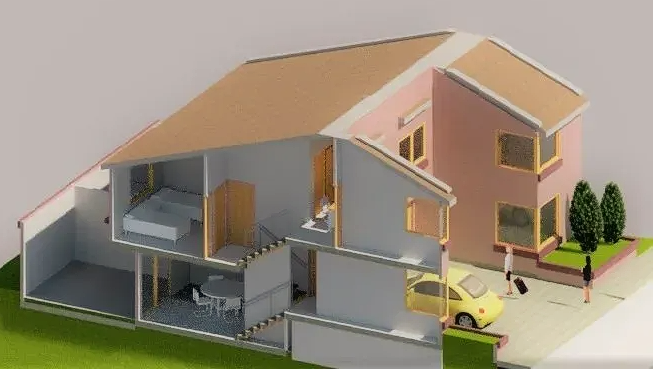 A cross-section 3D render of a two-story pink house with a slanted roof, showing interior rooms, furniture, and a car.