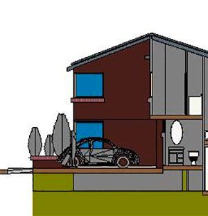 A cross-section view of a two-story home showing a parked car, landscaping, and interior bathroom fixtures.