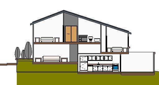 Architectural cross-section of a two-story home, showing furniture in upper rooms and kitchen cabinetry on the lower level.