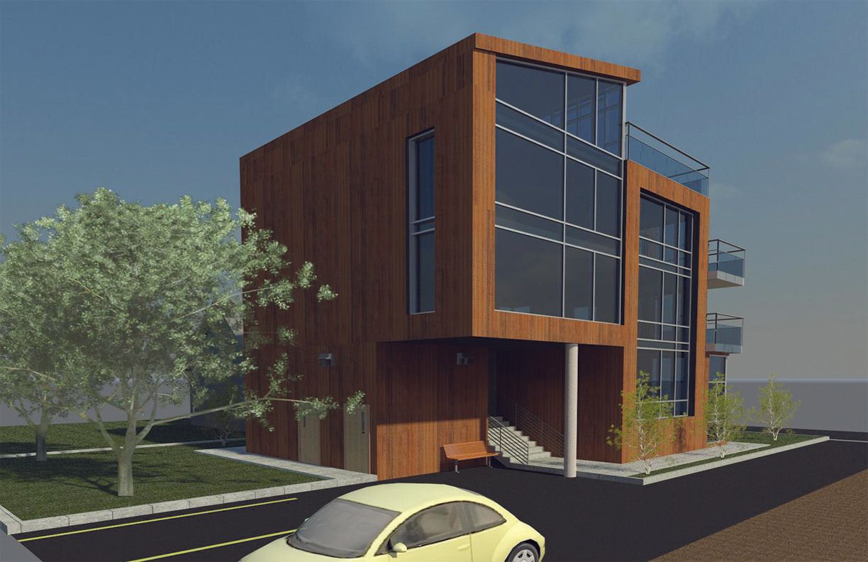 A modern, three-story building with a wooden facade and glass curtain walls stands next to a yellow car on a paved lot.