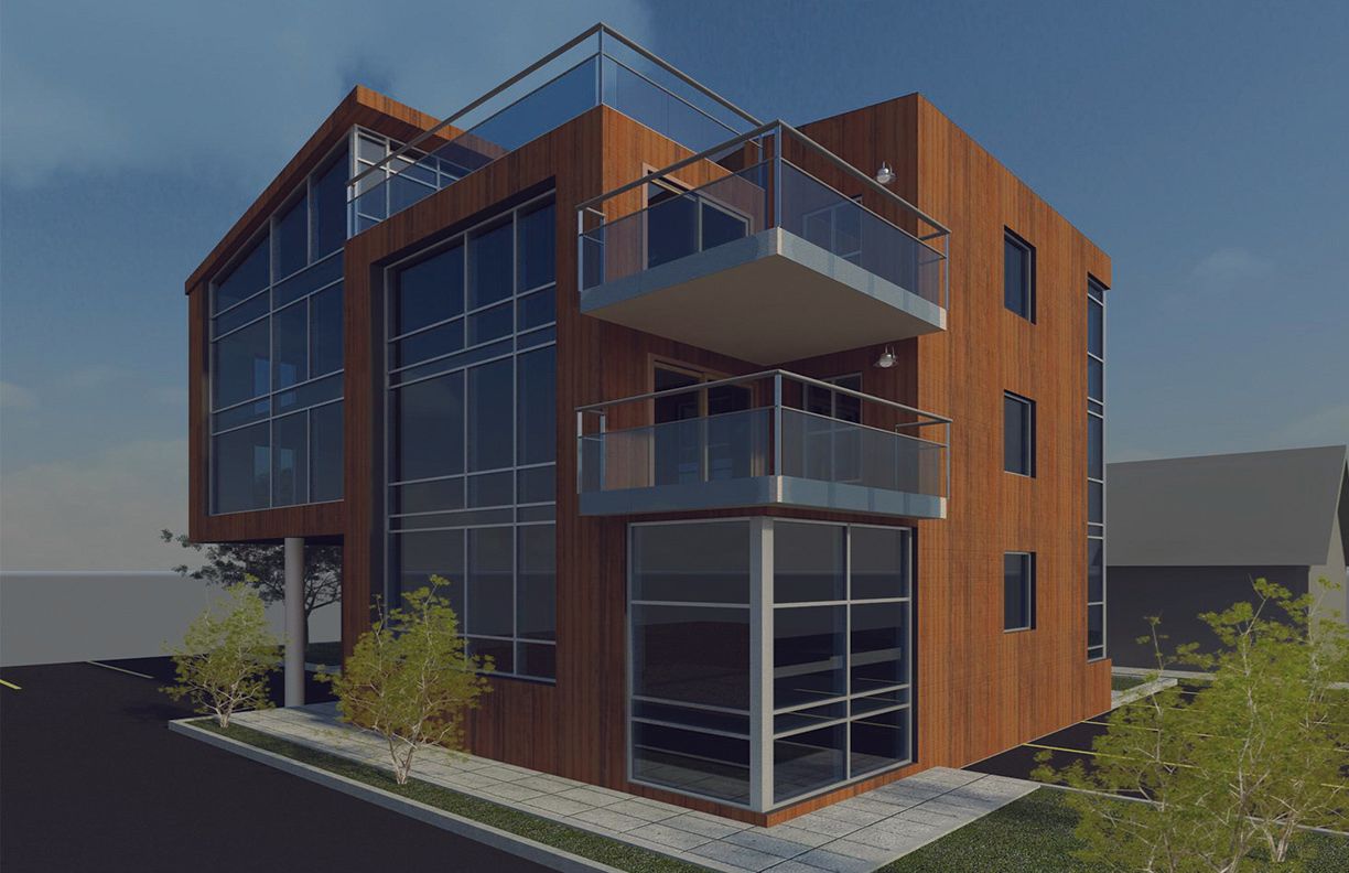 A modern three-story building with a brown textured facade, large glass windows, and protruding glass balconies.