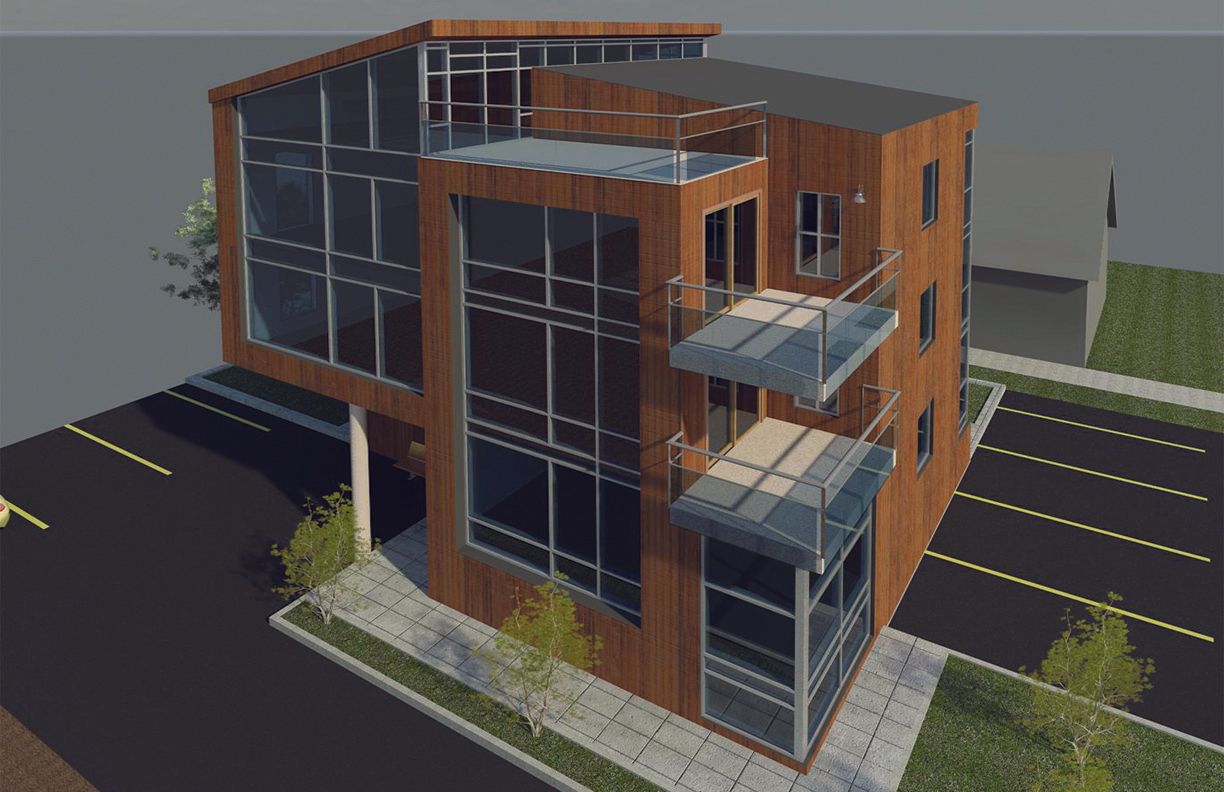 A 3D architectural rendering of a modern, multi-story building with wood-paneled walls, large glass windows, and balconies.
