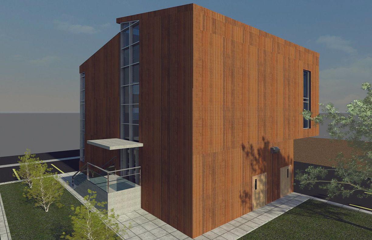 A 3D architectural rendering of a two-story modern building with vertical brown metal siding, glass walls, and a flat roof.