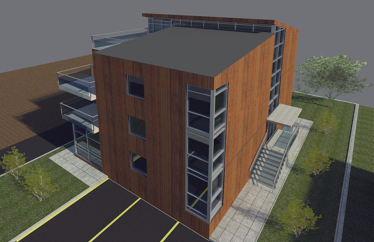 A digital architectural rendering of a three-story, wood-paneled modern building with glass balconies and a stair entrance.