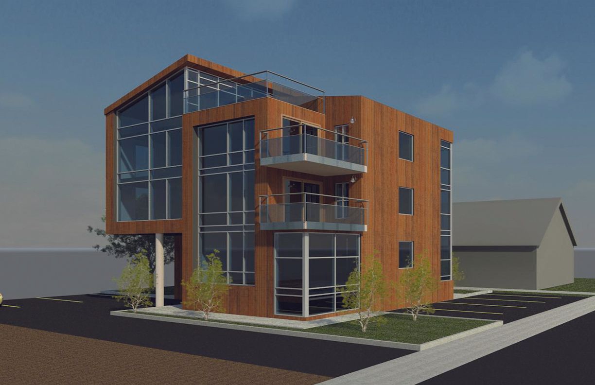 A modern three-story building with a wood-toned exterior, large glass windows, and balconies, situated in a parking lot.