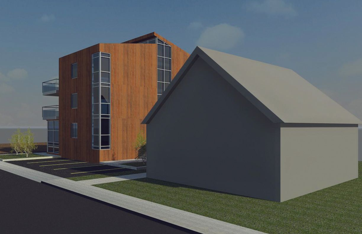 A 3D render showing a modern wood-paneled apartment building next to a simple grey house with a gabled roof.