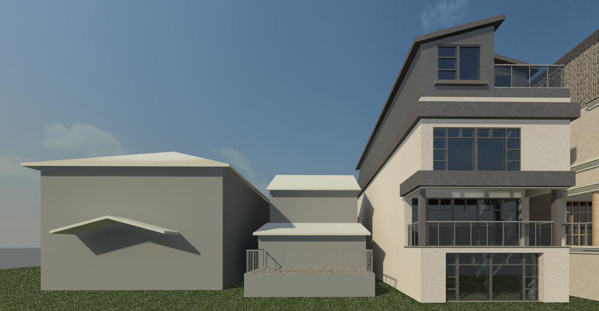 A digital rendering shows a three-story beige building with a gray roof next to two smaller, simpler structures.