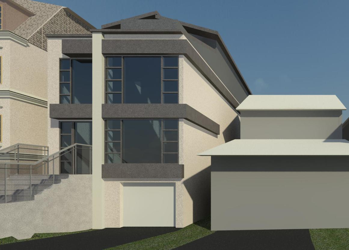 A 3D architectural rendering of a two-story modern house with a garage, gray accents, and large windows on a street.