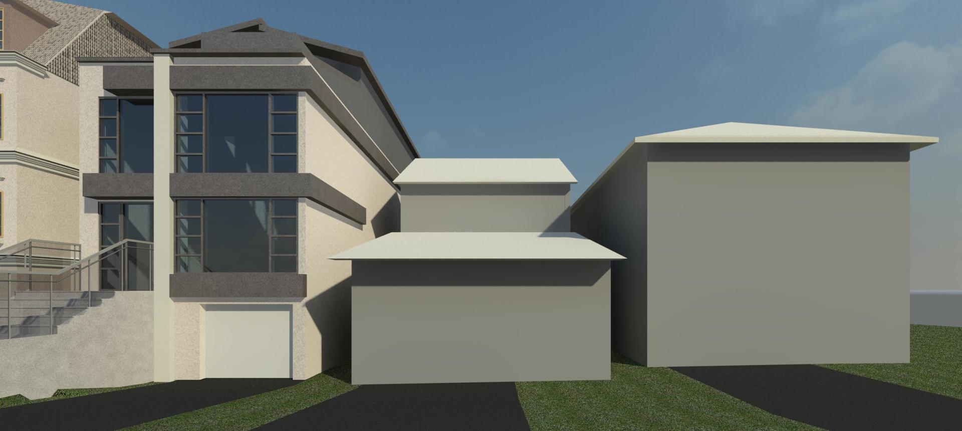 A 3D architectural rendering of a modern light-colored home next to two simple, gray, block-like building structures.